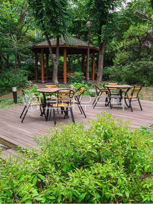 후원,정원,오피스텔정원,아파트정원,뒤뜰,꽃밭,수목,작은동산,정자,테이블,탁자,의자,벤치,긴의자,꽃,나무,여름철,피서,휴식,녹음,방초,풀,자연경관,자연풍경,건물,뜰,화초,식물,야외정원,휴게실,휴식의자,야외후원,야외의자,한국정원,한국,chair,furniture,가구