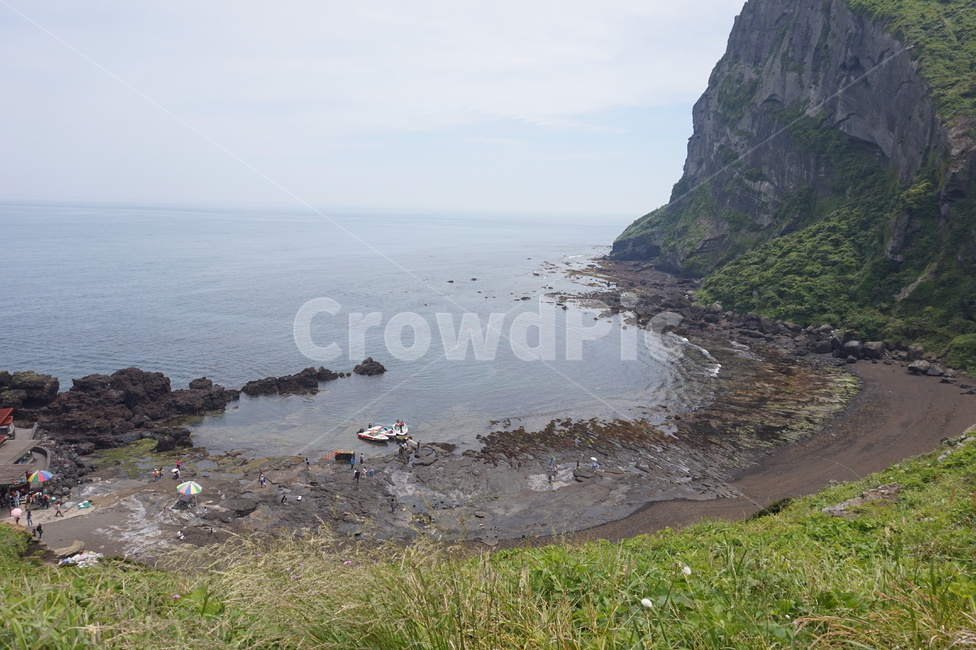 제주도,성산일출봉,절벽,해안선,잔디밭,썰물,해안가,파도,현무암,바위