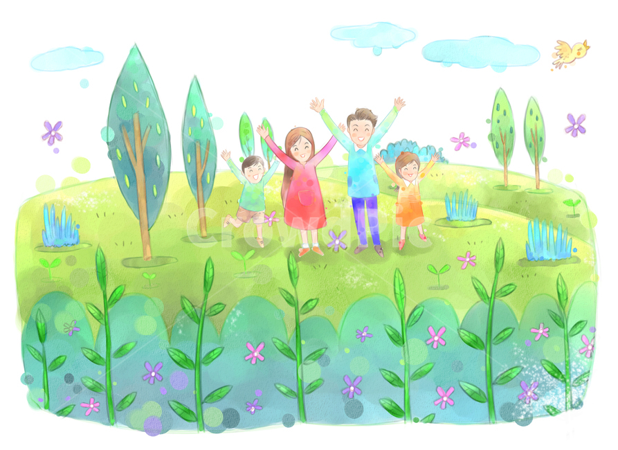 leaf of grass,harmony,spring semester,Brightness,lightness,togetherness,spring breeze,oil paint,stretching,situation picture,smile,spring,cloud,pastel,character,leaves,children,bird,sight,drawing,season,hurray,conversation,laugh,family month,spring outing