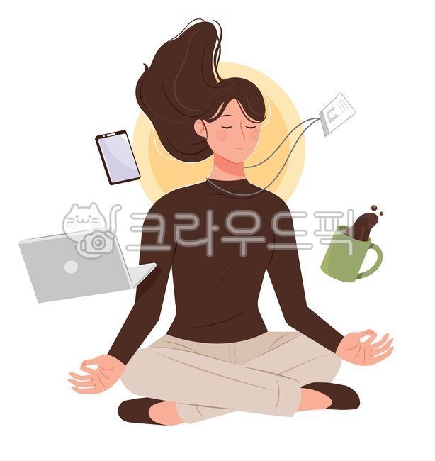 명상,해탈,마음다스리기,직장생활,직장인,회사원,비즈니스,비지니스,요가,일러스트,벡터,캐릭터,인물,사람,사원증,노트북,커피,스마트폰,여자,청년,젊은,스트레스해소,편안함,마음,정신건강,마인드컨트롤,긍정적인,마음가짐,일