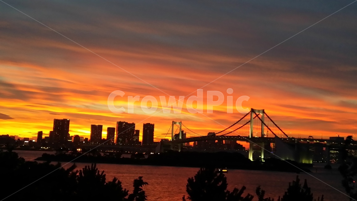 레인보우브리지,석양,황혼,일몰,sunset,붉은하늘,redsky,nature,자연,outdoors,옥외,dusk,하늘,sky,오다이바,도쿄,일본,그라데이션