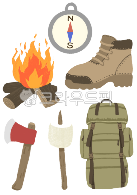 귀여운그림,일러스트,야영,캠핑,나침반,등산화,작업화,백패킹,등산가방,모닥불,도끼,마시멜로우