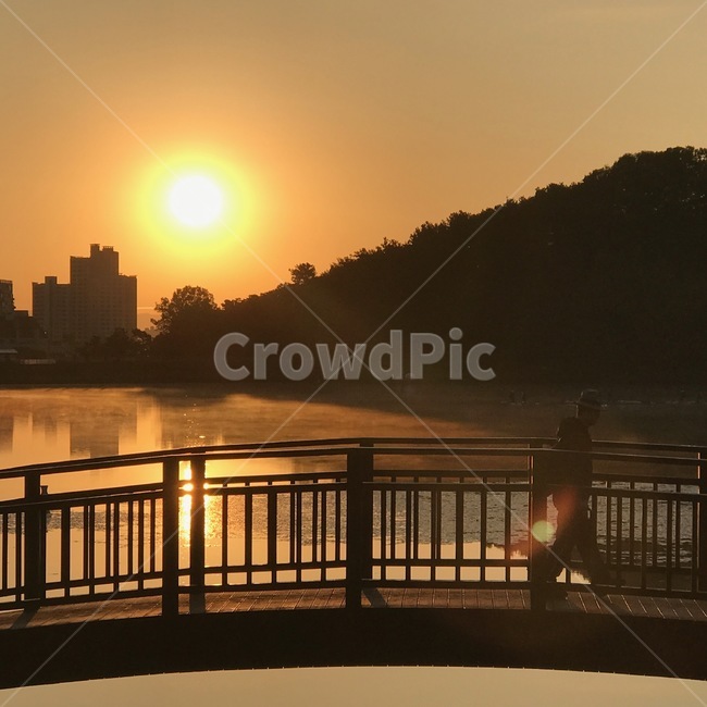 일출,새벽,다리,황혼,이천,강,호수,노을