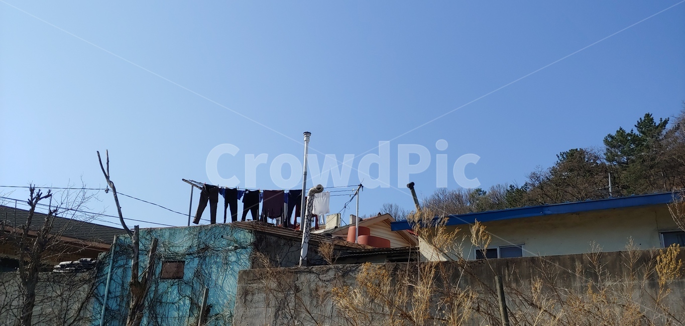 산골,시골,나무,숲,지붕,굴뚝,하늘,푸른,창문,벽,빨래,세탁,전기줄,풍경,갈대