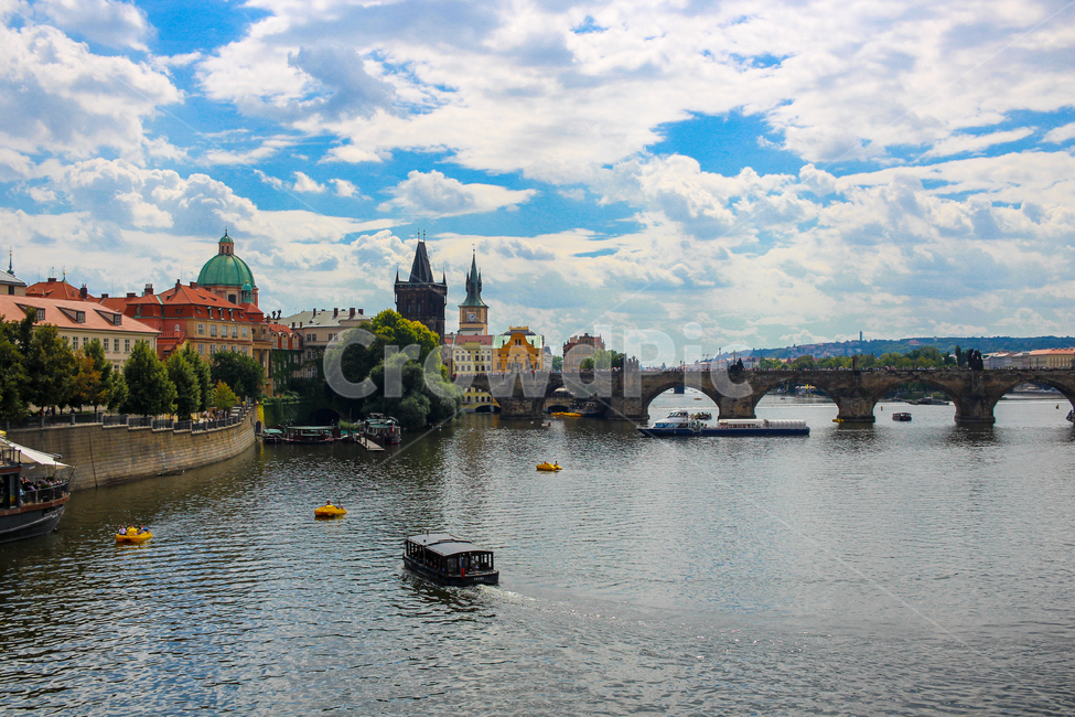 European landscape,Vltava,ship,Charles Bridge,boat,Prague,Vltava River,Czech Republic,European river,river,bridge,Moldau