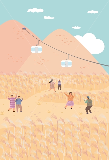 가을,갈대,갈대밭,케이블카,사람,캐릭터,여자,남자,커플,공원,풍경,계절,일러스트,그림,디자인