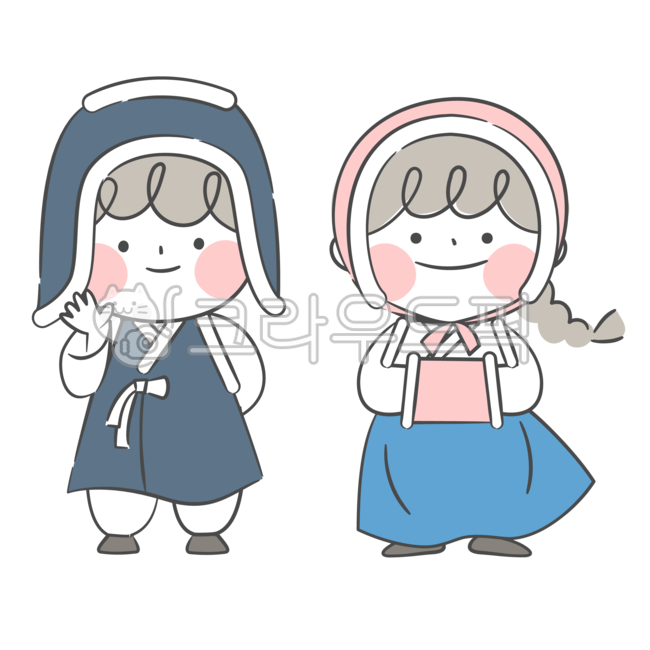 New Year's illustration,Hanbok illustration,Hanbok,holiday,Lunar New Year,traditional clothing,Korea,children,character,cartoon,illustration,winter,winter hanbok,earmuffs,hat,Lunar New Year's clothing,New Year's greetings,dayc