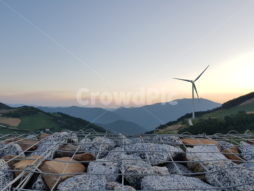 풍차,석양,안반데기,돌담,산,windmill,sunset,mountain