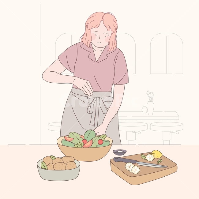 샐러드,요리,조리,여자,젊은,채소,야채,건강,토마토,앞치마,그림,일러스트,벡터,손그림,삽화,도마,레몬,칼,감자,그래픽,일러스트레이션,graphic,illustration