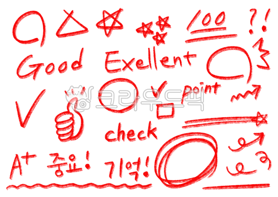 빨간색연필, 체크, 문제채점, 채점, 색연필, 사진,이미지,일러스트,캘리그라피 - 하넬이작가