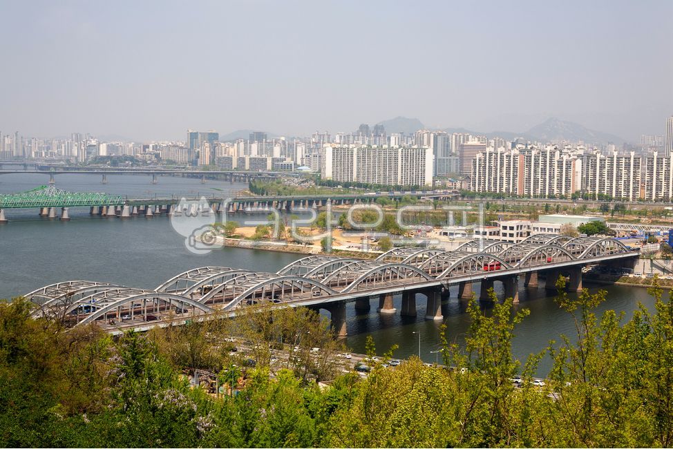 Wonhyo Bridge,Hangang Railroad Bridge,city,tree,water,building,Han River,pier,Hangang Bridge,Seoul,river,bridge,landscape,traffic
