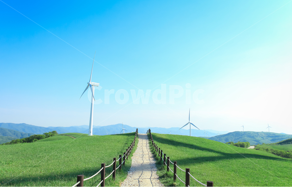 Gangwondo,sky,wind generator,road,wind ant,Sunny