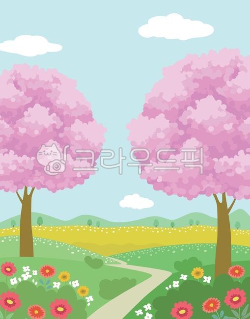 Spring,cherry blossoms,flowers,floral,road,field,hill,grass,season,clouds,mountain,tree,sky,nature,plant,rape blossoms,flower field,wildflower,daisy,illustration,illustration,pattern,floral pattern,pattern,flower tree,pink,green,