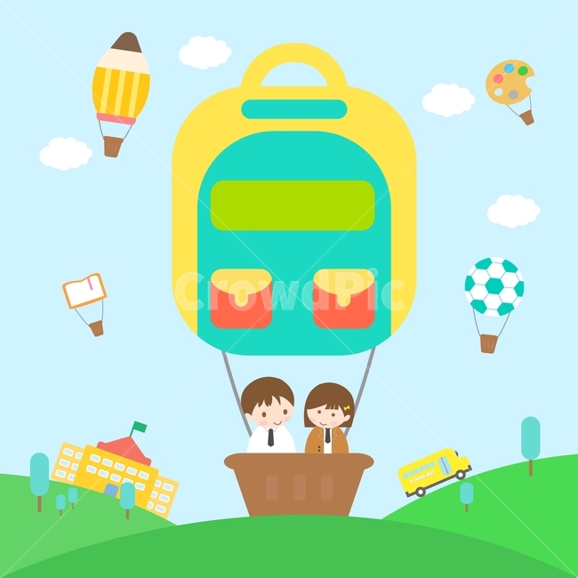 기구,열기구,축구공,학교,스쿨버스,연필,남학생,여학생,플랫디자인,교육,학교,공부,education,learning,study,school,그래픽,일러스트레이션,graphic,illustration