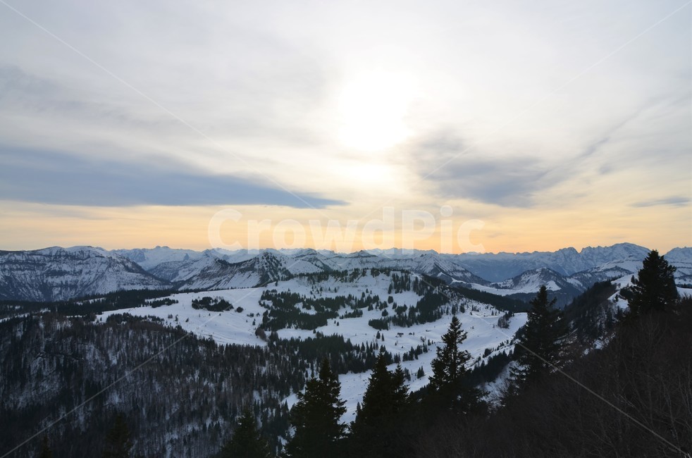 황혼,석양,sunset,설경,nature,자연,mountain,산,설산,outdoors,옥외,해외,전나무,abies,식물,plant,tree,나무,산등성이,잘츠카머구트,쯔벨프호른산,오스트리아