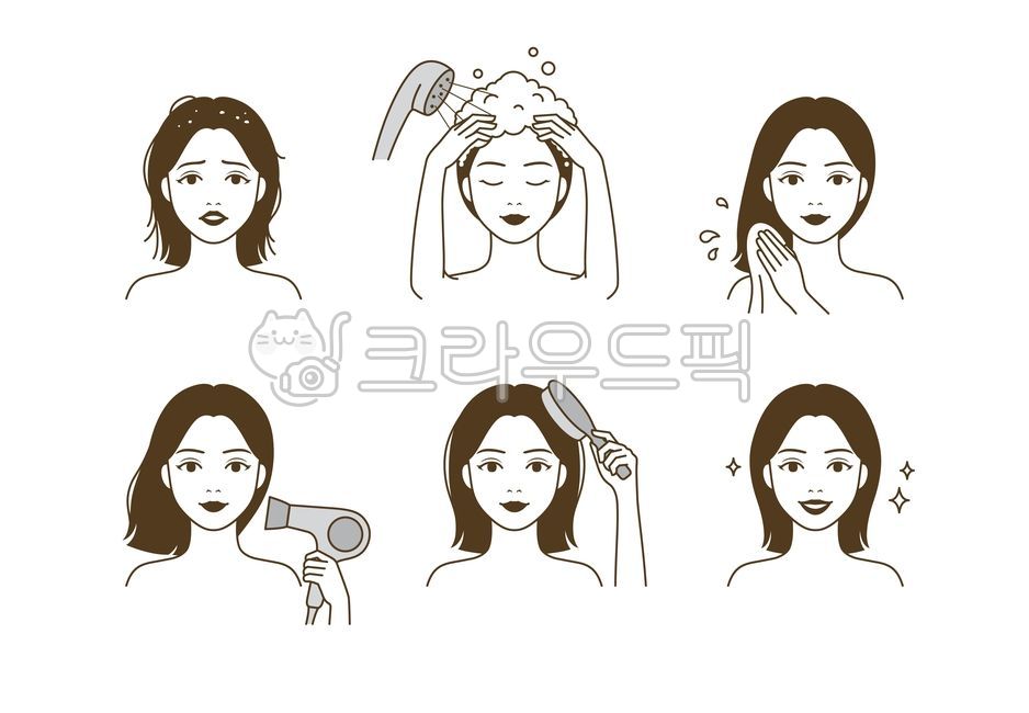 shampoo,beauty,line,icon,Line illustration,reel in,Clean,head,beautiful,hair,character,bubble,neat,cosmetic,female,graphic,order,pretty,Character,method,wash,dry,procedure,Routine,shower head,dryer,comb,Towel,washing,face,winding,management,person,Combing
