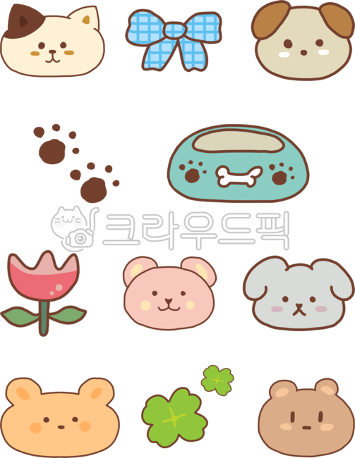동물,아이콘,캐릭터,곰,토끼,강아지,고양이,리본,튤립,네잎클로버,일러스트