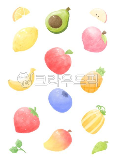 Fruit,seasonal fruit,tropical fruit,avocado,lemon,peach,apple,banana,pineapple,blueberry,strawberry,Korean melon,mango,fruit assortment,fruit set,cute,fruit illustration