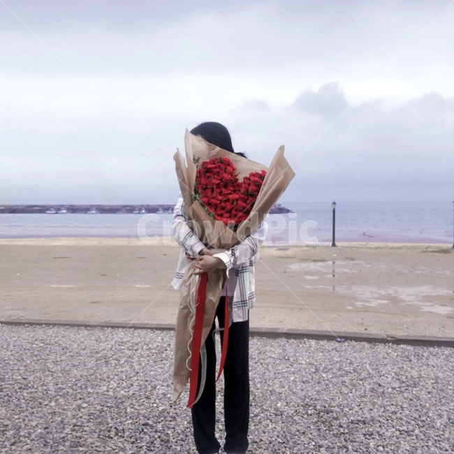 Beach,ocean,Propose,bouquet,large flower,rose,Emotion,female,flower