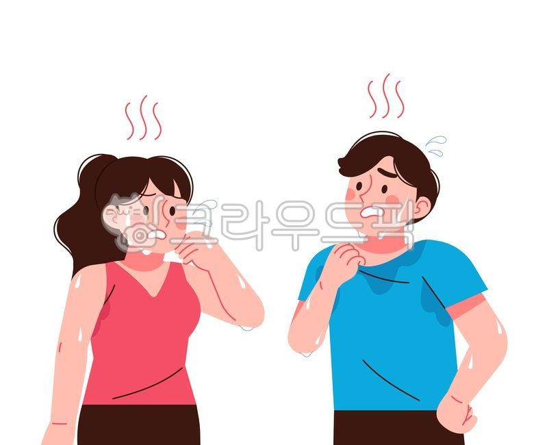 땀,땀흘리는,여자,남자,더위,무더위,더운,열기,스트레스,일사병,젖은,여름,열사병,탈진,온열질환,사람,인물,캐릭터,일러스트,벡터,탈수,목마른,갈증