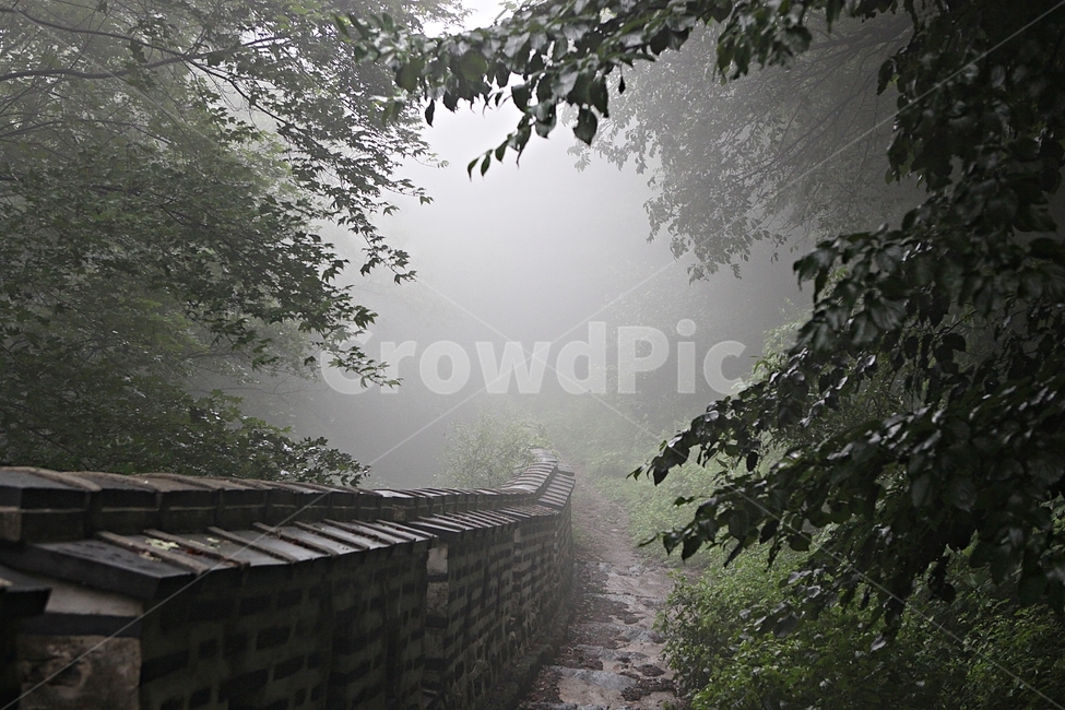 trail,stone wall,forest,castle,road,forest path,Namhansanseong Fortress,wall,fence,fog