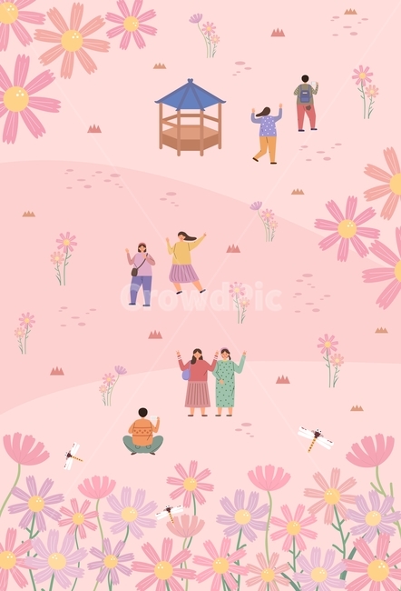 가을,꽃,코스모스,사람,캐릭터,여자,남자,커플,풍경,계절,팔각정,공원,일러스트,그림,디자인,가을,계절,fall,autumn,season,그래픽,일러스트레이션,graphic,illustration