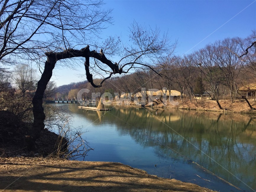 한국민속촌,강,전통배,파란하늘,풍경