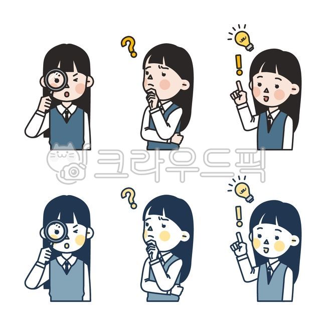 사람,캐릭터,일러스트,인물,만화,귀여운,돋보기,확대,확인,관찰,궁금,궁금증,물음표,의문,고민,전구,해답,정답,통찰,교과서,교육,공부,학생,여자,여학생,청소년,교복