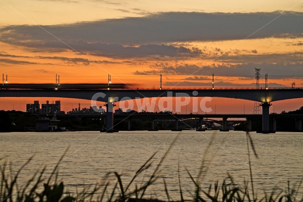 night view,sunset,Sunrise,Dangsan Railway Bridge,Han River,Seonyudo Bridge