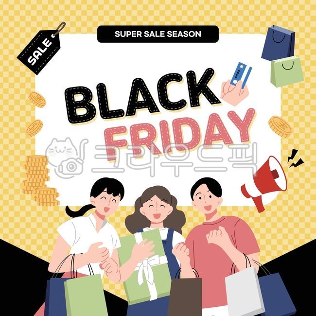 블랙프라이데이,사람,남자,여자,청년,쇼핑,쇼핑몰,이벤트,일러스트,축제,할인,확성기,돈,코인,동전,쇼핑백,카드,세일,선물,행복,미소,마케팅
