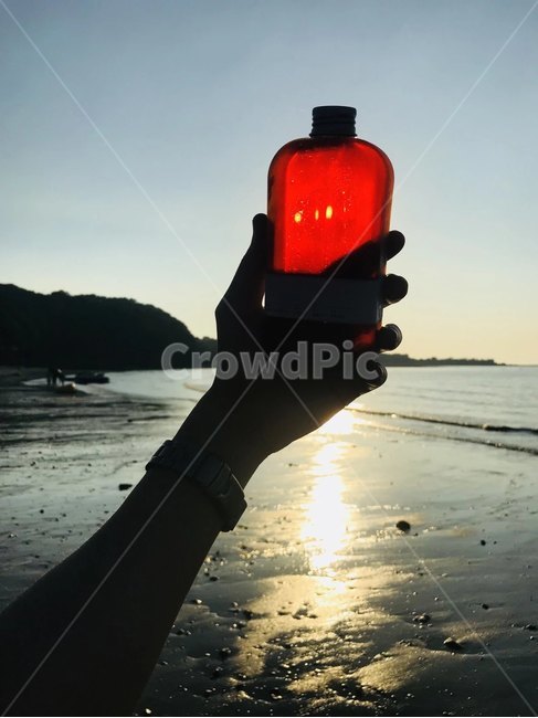 바다,sea,갯벌,foreshore,coffee,커피,보틀,노을,sunset,옥외,outdoors,손,hand