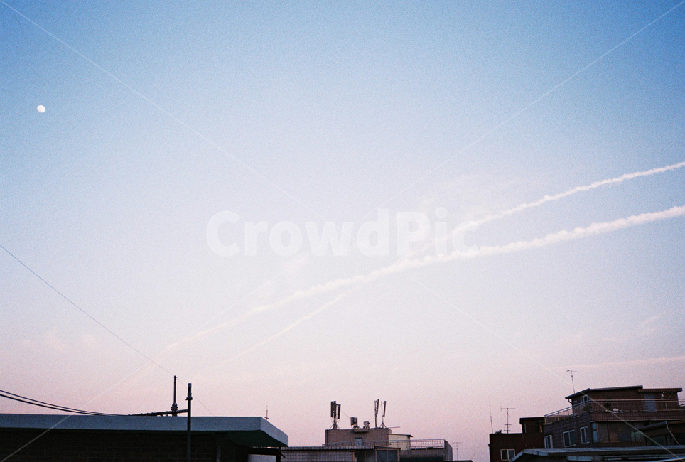 하늘,노을,비행운,달,풍경,필름카메라,sky,landscape,moon