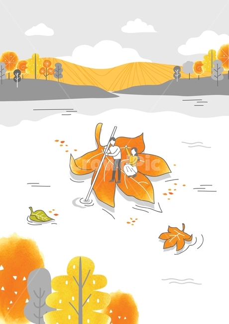 단풍,낙엽,나무,숲,호수,연못,커플,휴가,여행,관광,가을,라인일러스트,스케치,드로잉,가을,계절,fall,autumn,season,그래픽,일러스트레이션,graphic,illustration