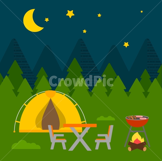 숲,텐트,밤,달,캠핑,아이콘,플랫디자인,일러스트,바비큐,바베큐,여행,휴가,traveling,vacation,trip,그래픽,일러스트레이션,graphic,illustration