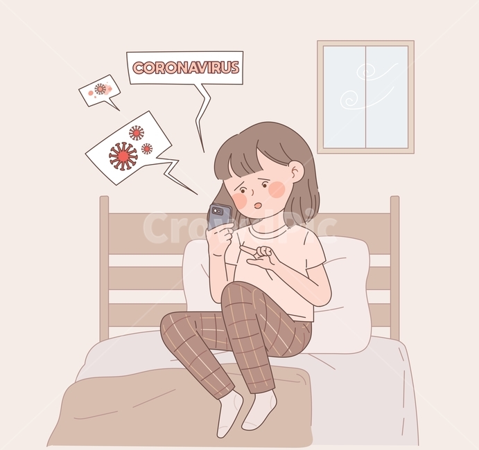 인물,캐릭터,일러스트,코로나,바이러스,우한,폐렴,독감,질병,전염병,뉴스,스마트폰,소식,매체,인터넷,불안,감정,정신,마음,의학,자가격리,집,실내,여자,여성,젊은,사람,말풍선,삽화,코로나바이러스,침대,기분,안좋은,창문,건강,헬스웨어,헬스케어,healthware,health care,그래픽,일러스트레이션,graphic,illustration