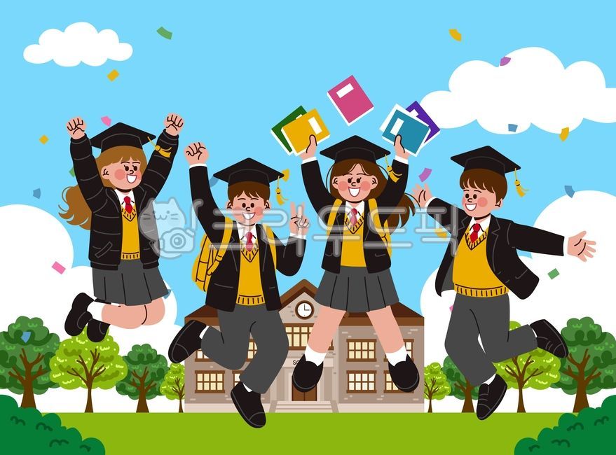 졸업,졸업식,고등학교,중학교,학생,책,던지기,점프,해방,자유,수능,입시,방학,시험끝,친구,10대,청소년,학교,일러스트,남자,여자,학사모,교복