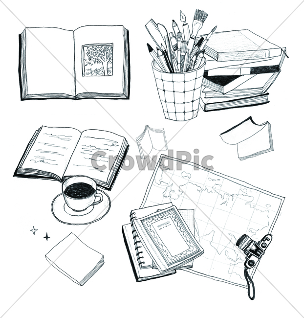 손그림,handdrawing,연필,pencil,연필라인,pencilline,연필그림,pencilpicture,책,book,volume,커피잔,coffeecup,연필꽂이,pencilholder,카메라,camera,art,미술,drawing,그림,그래픽,일러스트레이션,graphic,illustration