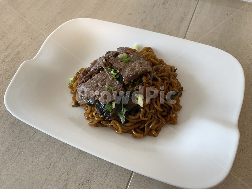 lunch,Jjajang Ramen,homemade,blacknoodle,noodles,Striploin,Korean,beef,noodle,Chapagetti,Eating alone,food,Jajangmyeon,raccoon,fork,ramen,white plate,Chapaguri,Korean food,home food,koreanfood