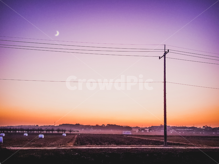 nature,자연,outdoors,옥외,초승달,하늘,저녁하늘,저녁,moon,sky,moonlight,sunset,sunsetsky,석양,노을,전봇대,배전탑,시골,농촌,hometown