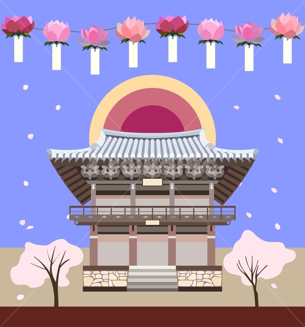 symbol,buddhasbirthday,cherryblossom,lotus,wooden house,woodenhouse,roof tile,april,building,spring,traditional colors,buddha,koreanstyle,drawing,decoration,commemoration,tower,lotus flower,festival,oriental,Sakyamuni,heritage,Orientalism,April,celebratio