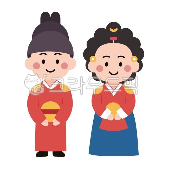 플랫일러스트,캐릭터디자인,귀여운일러스트,카툰스타일,사랑,로맨스,미소,흰배경,디지털아트,한복커플,한국커플,전통의상,한국전통문화,전통결혼,웨딩커플,커플일러스트,문화유산,축제,기념일,명절,추석,설날,인물일러스트,한복,혼례,전통혼례