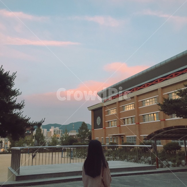 노을,핑크빛노을,산책,학교,여자