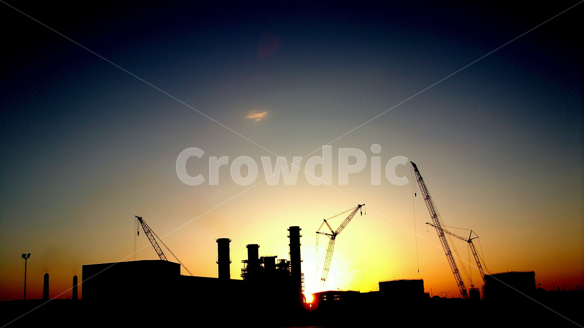 건설,현장,중장비,발전소,실루엣,굴뚝,여명,크레인,실루엣,그림자,silhouette,shadow,산업,industry,industrial