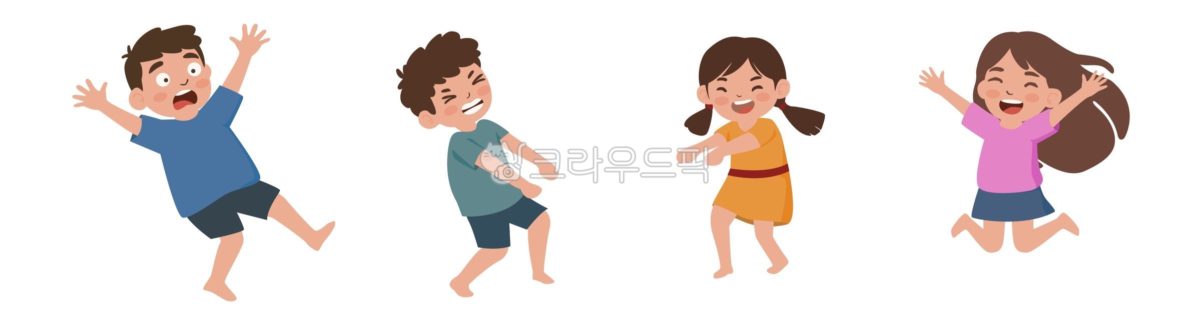 남자아이,여자아이,아이,어린이,꼬마,놀라는,충격,당황,힘쓰는,당기는,미는,힘,노력,애쓰는,점프,뛰는,신나는,행복한,즐거운,쾌활한,기분좋은,일,웃는,일러스트