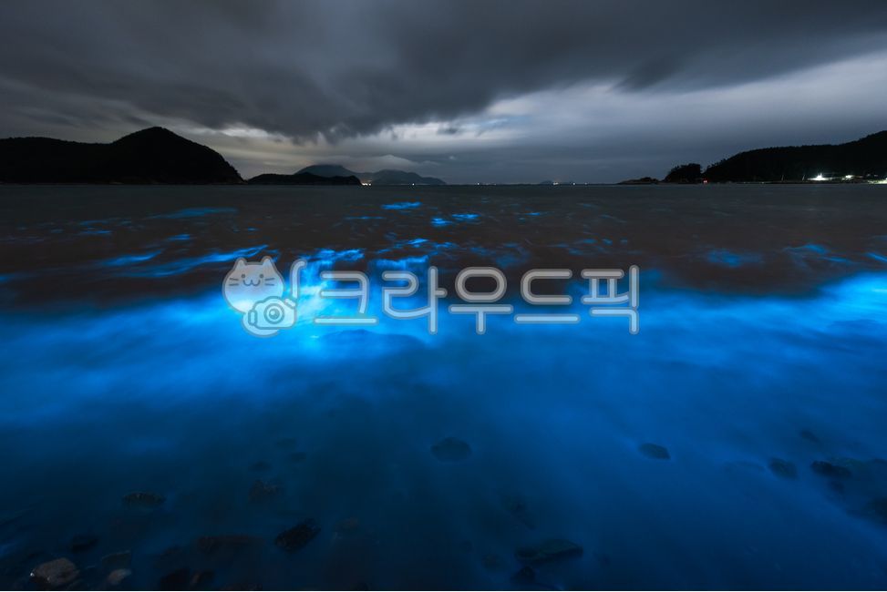 바다,야광충,발광플랑크톤,플랑크톤,발광,자연,환경,생물,해양,생태,적조,바위,해변,해안,파도,물결,장노출,밤,야간,야경,하늘,구름,섬,빛