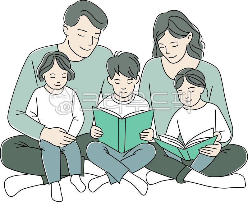 가족,family,5명,책,독서,엄마,아빠,아이,남자아이,여자아이,책읽는,도서관,가정의달,가족일러스트,가족그림,책읽기,5인가족,어린이,사람들,reading,book