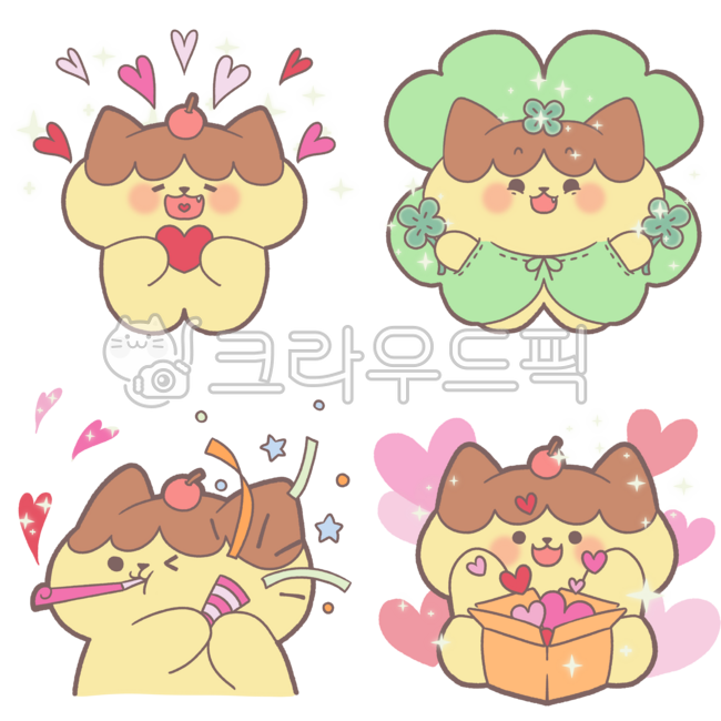 Illustration,drawing,hand-drawn,cat,character,emoticon,cat,character,pudding,cuteness,emoticons,emotion,pudding,cuteness,emotion,heart,love,celebration,welcome,luck,four-leaf clover,cheer,positivity,love,celebration,support,posit