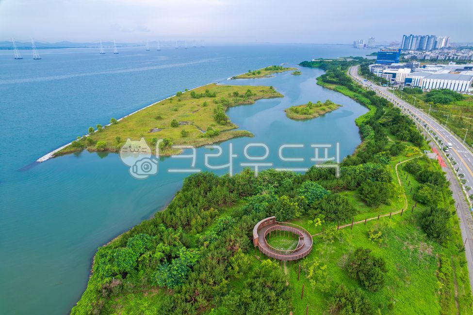 시화나래철새도래지,시화호,호수,바다,물,철새도래지,습지,하늘,풍경,야외,실외,경기도,녹색,초록색,파란색,시흥시,시흥,빌딩,간선도로,도로,길,하이앵글,항공촬영,드론촬영,전망대,데크,탐조대,관찰대,여름