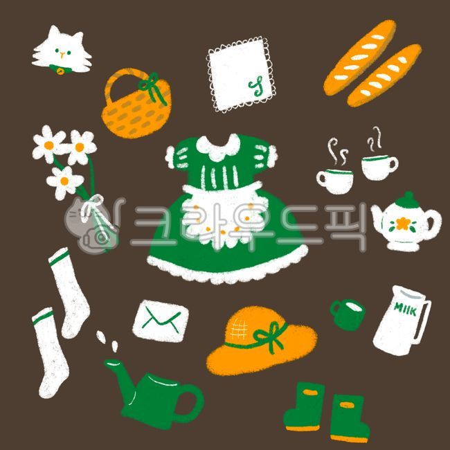 handkerchief,basket,hand drawing,water aperture,socks,milk,bouquet,girl,kettle,coffee cup,prop,cat,coffee,letter,Rainboots,illustration,milk jug,watering can,baguette