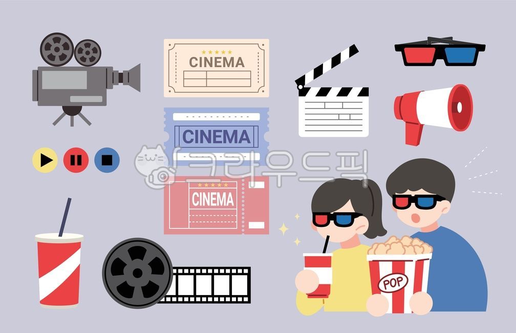 Movies,theater,cultural life,culture,movie theater,movie film,film,popcorn,beverage,beverage,3D glasses,3D glasses,event,viewing,ticket,camera,play,loudspeaker,projector,cuteness,sticker,illustration